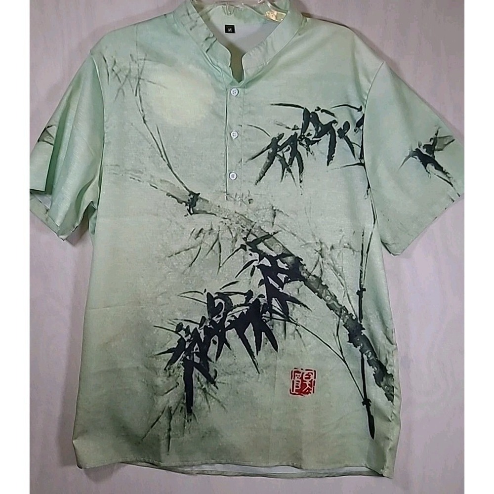 Jonvidesign Polo Shirt Retro Bamboo Print Mens Medium All Over Print Camp Collar
